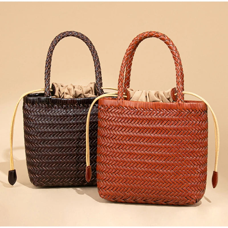Brand Hand-woven Tote Bag French Genuine Leather Large Vegetable Basket Bag With Woven Inner Pocket Shoulder Underarm Tote Bag